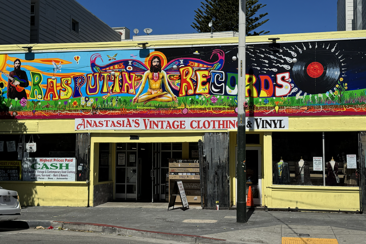 picture of the front of Anastasias' Vintage and Rasputin Music on Haight street in SF